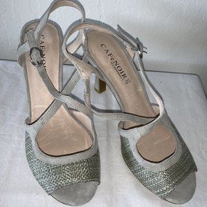 CAFE NOIR grey suede and woven canvas high heel sandals,new without box, US sz 8